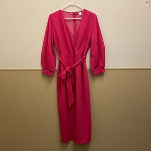 Bishop sleeve plunging v neck belted body on dress